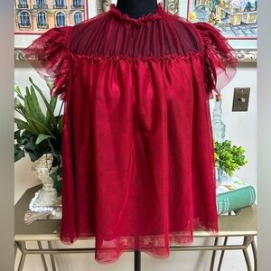 ON 34TH RED RUFFLE TULLE SHEER BABY DOLL FLUTTER SLEEVE DRESSY TOP/BLOUSE SZ 0X